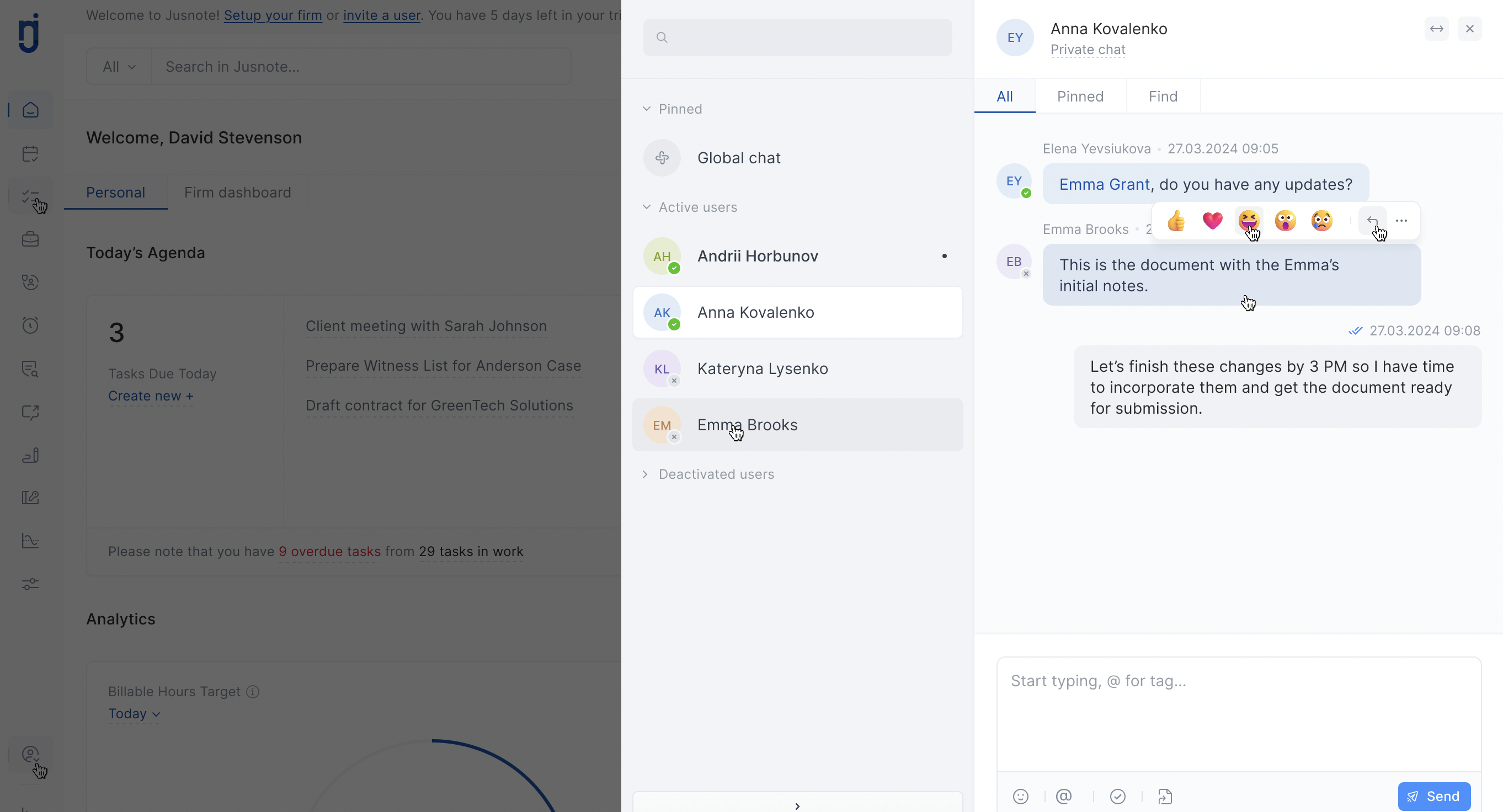 Group chat interface in Jusnote legal practice management software showing team collaboration.